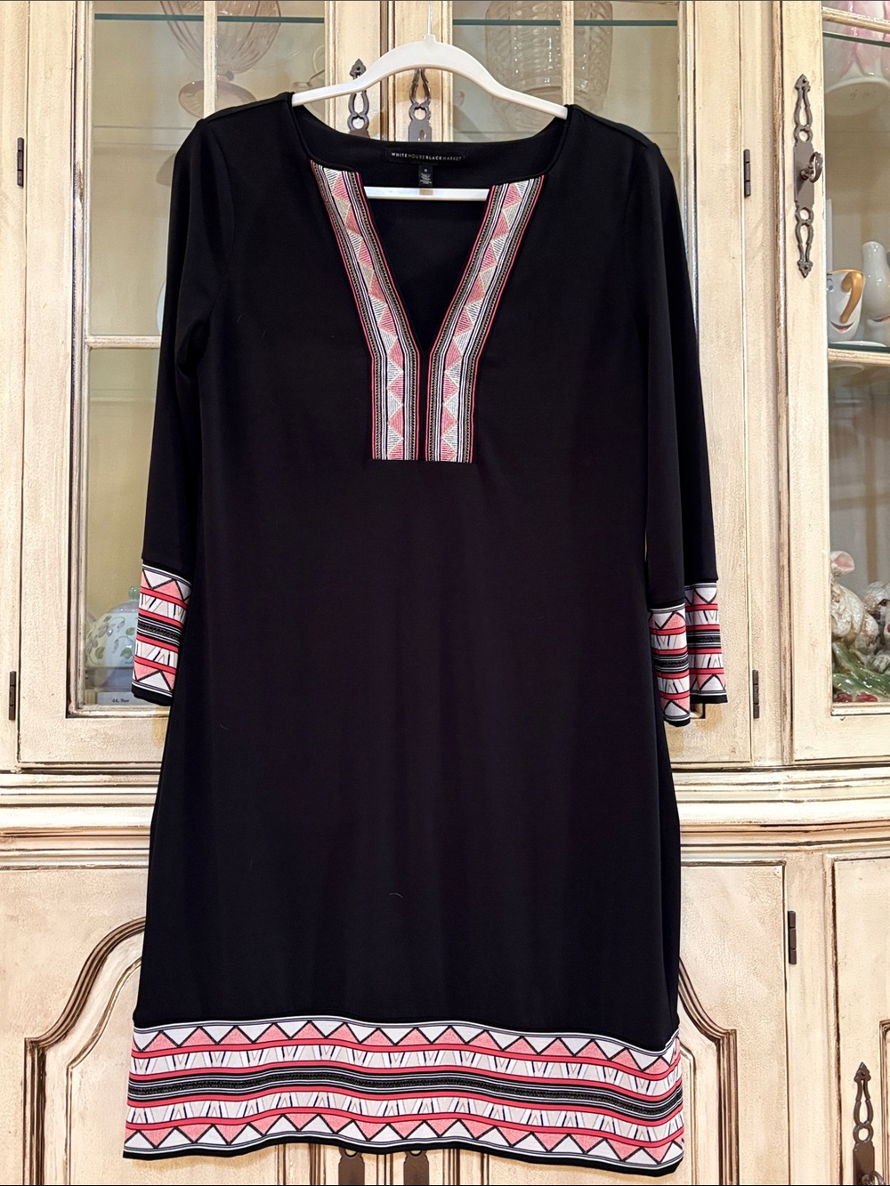 White House Black Market Black Dress with Embroidered V-Neckline - Picture 2 of 12